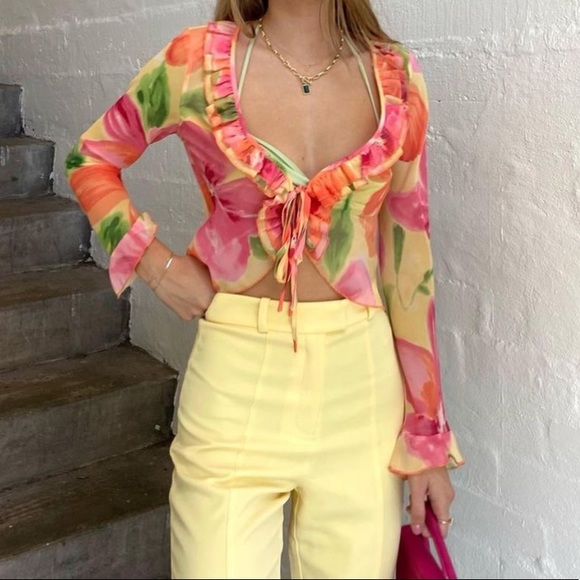 FLORAL RUFFLE TIE TOP - Picture 1 of 4